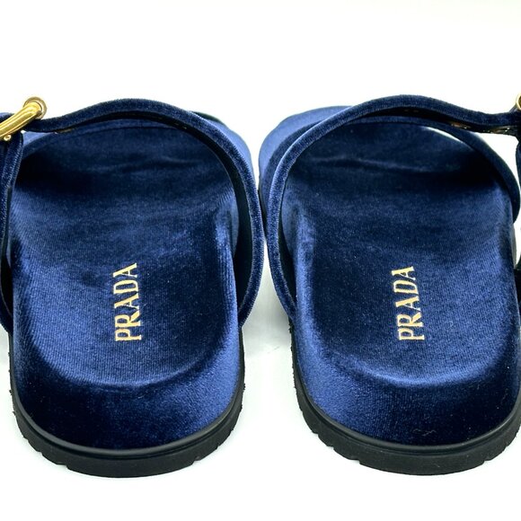 PRADA Triangle Logo Double Dual Band Velvet Flat Slide Dad Sandals Shoes - Picture 11 of 15